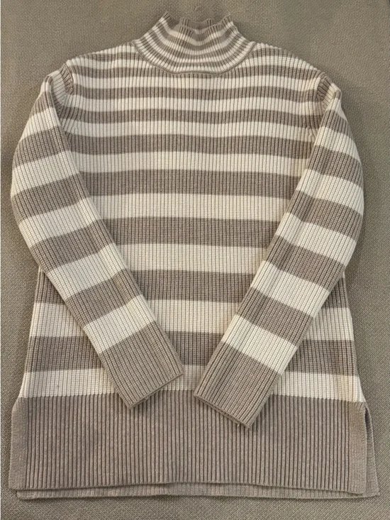 Striped Knit Cowl Neck Sweater in Cream and Taupe - Picture 3 of 8